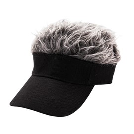 Sun Visor Cap with Fake Hair, Men Women Birthday Gift, Novelty Hip Hop Hat, Black Cap Gray Hair