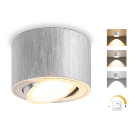 GeyouLux LED Surface-Mounted Spotlight, Dimmable, Extra Flat & 30° Swivel, Diameter 80 x 50 mm, Brushed Aluminium, Includes 5 W 500 LM LED Module 230 V - 3000 K/4000 K/6500 K, Surface-Mounted