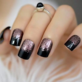 ELEVENAIL Black Light Coffee Brown Glitter French Press on False Nail Medium Short Square Shimmer Fake Nails Tips Salon Manicure Reusable DIY Fake Artificial Nails Art for Women Girls