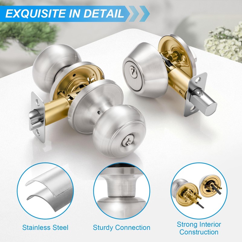 Plustool 4 Pack Exterior Door Lock Set, Satin Nickel Door