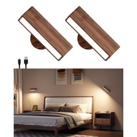 DetarZinLED Battery Operated Wall Sconces Set of 2,Rechargeable Wall Lights Wood,Stick On Wall Lights for Bedroom,Wall Mounted Bedside Reading Lamps Dimmable,Battery Powered Wall Lamp for Bedroom