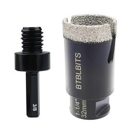 Dry Diamond Core Drill Bit Set 1-1/4” 32mm Vacuum Brazed Tile Hole Saw for Granite Quartz Marble Granite Ceramic Porcelain with 5/8-11 Thread & 3/8” Hex Shank Adapter Fit Angle Grinders & Drills