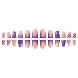 Duck Press on Nails Short Fake Nails with 5D Bow Charm Design Hearts Lollipop False Nails Rhinstone Star Stick on Nail Glossy Full Cover Purple Glue on Nail for Women Girls Manicure 24Pcs