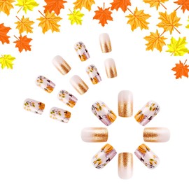 Fall Press on Nails Short Square Fake Nails Orange Glitter Acrylic Nails Thanksgiving Pumpkin False Nails Autumn Maple Leaves Artificial Nails Glossy Full Cover Stick on Nails for Women 24 Pcs