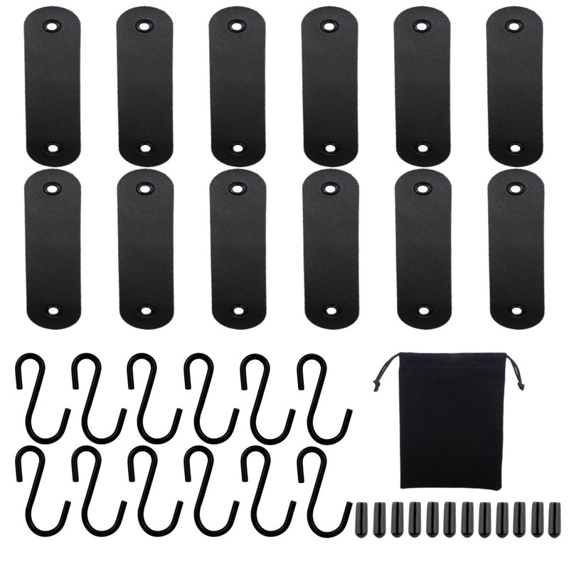 S Hooks with Leather Loop, 12 Pieces, Black Coat Hooks,