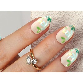 Floral Design Press On Nails, Nude Color with Green Leaves, 30 pieces
