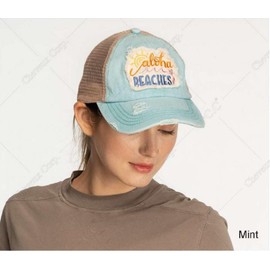 C.C Ponycap Messy High Bun Ponytail Adjustable Mesh Trucker Baseball Cap Hat, Criss Cross Patch Aloha Beaches, Coral