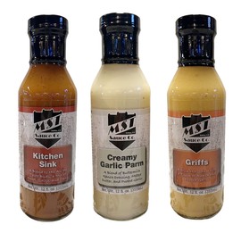 MST Sauce Co. 3 Pack Bundles (Kitchen Sink, Creamy Garlic Parm, Griffs) Kitchen Sink Wing Sauce, Griffs Bufflao Wing Sauce, Creamy Garlic Parm Ranch Dressing Sauce