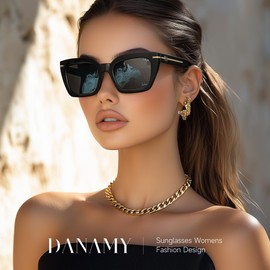 DANAMY Sunglasses Womens Vintage Square Sunglasses for Women Trendy Rectangle Sun Glasses Black Shades UV400 Protection