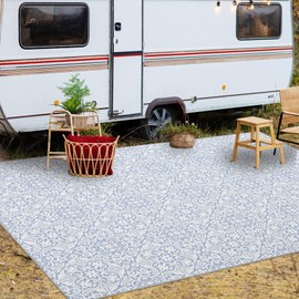 COZYLOOM Indoor/Outdoor Rug 9x12 Large Area Rug Washable Rug Vintage Floral Outdoor Rug Patio Rug Non Slip Non-Shedding Area Rug Ultra-Thin Foldable Floor Carpet for Kitchen Backyard Patio Blue Floral