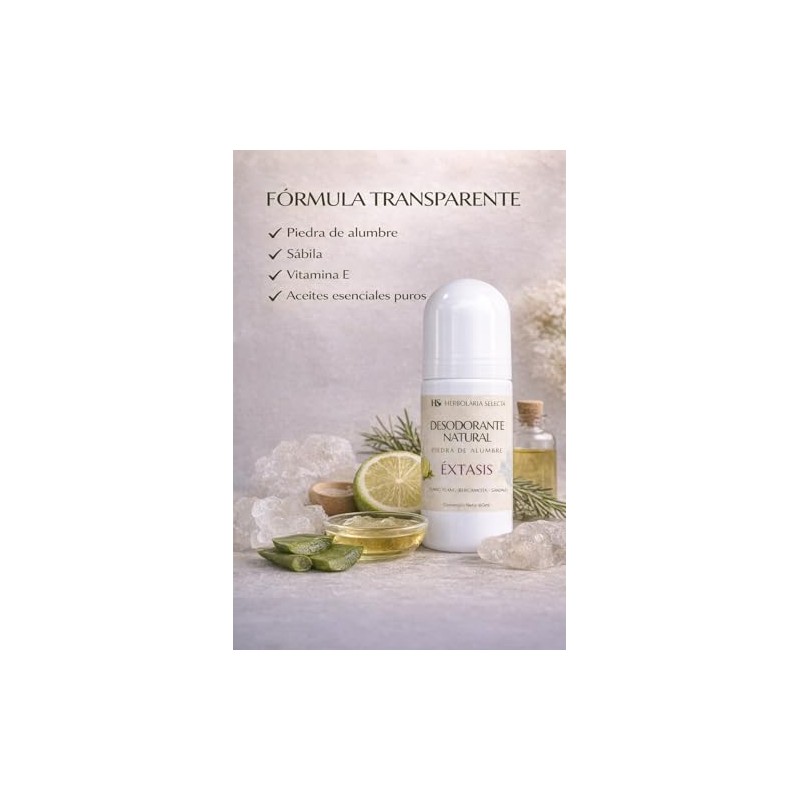 Herbolaria Selecta Desodorante Natural Roll-On Éxtasis, Piedra de Alumbre, Sábila,