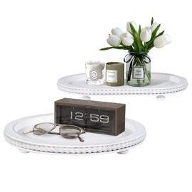 Urban Deco Decorative Trays for Home Decor, Wooden Trays for Coffee Table, White Stripes Tray for Living Room, Kitchen, Farmhouse Centerpiece Decor (2, Oval+Round)