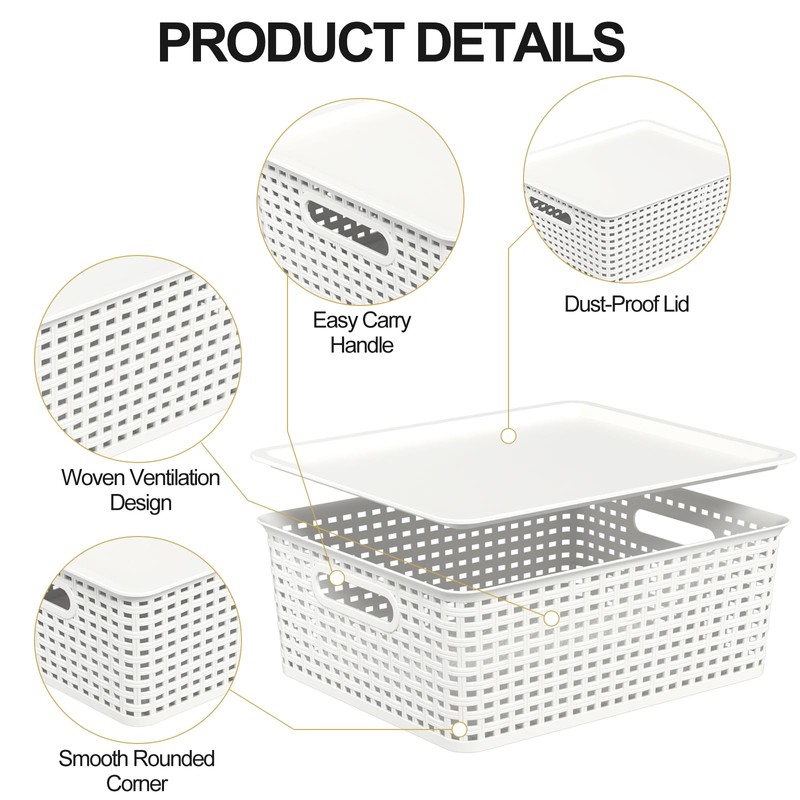 Xowine 6-Pack Plastic Woven Basket with Lids, Lidded Storage Bin,