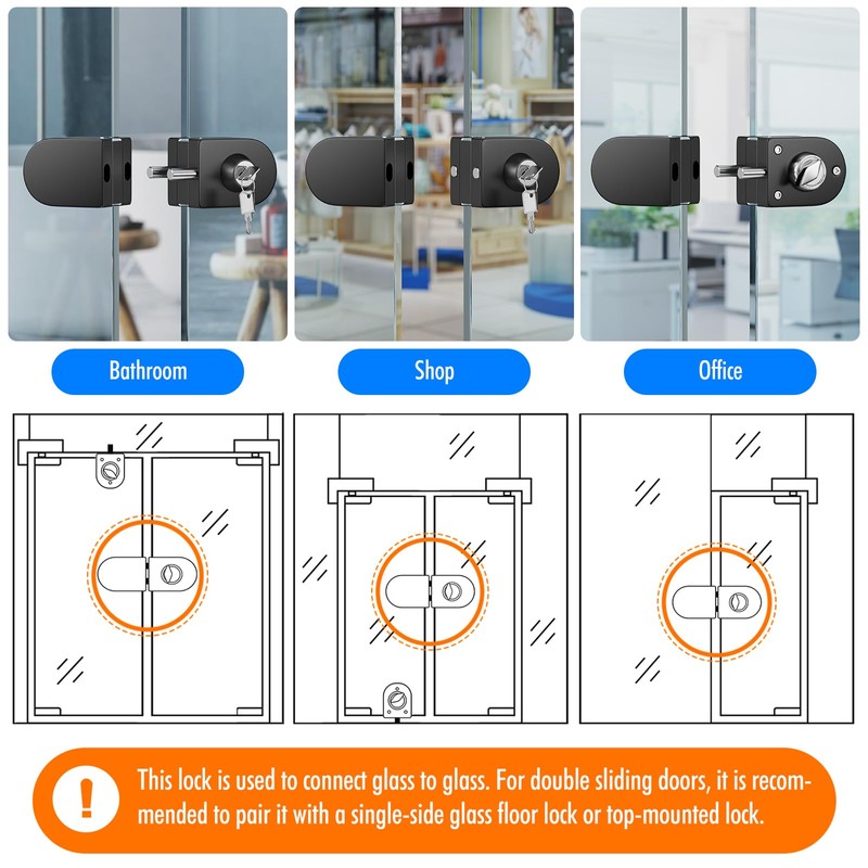 Ranbo Frameless Double-Sided Glass Door Lock,Clamp-On No-Drill,304 Stainless Steel,for 3/8"–1/2"(10-12mm)