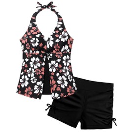 WIQI Girls Swimsuit 2 Piece Tankini Kids Bathing Suits Girls Swimsuits Cute Floral Print Halter Neck Girls' Swimwear with Shorts Size 8-10 Black