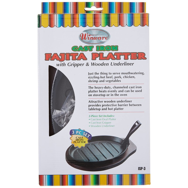 Winco Fajita Platter w/Gripper, 3-pc Set, Cast Iron