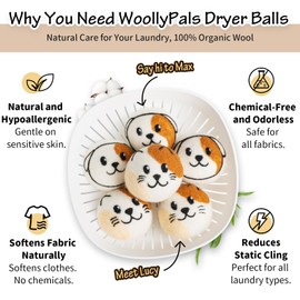 WoollyPals Wool Dryer Balls (6-Pack, XL Size)- 100% New Zealand Organic Wool - Sustainable & Eco-Friendly - Dry 1,000 Loads, Replaces Dryer Sheets, Reduces Static Cling, Reusable (Mews & Woofs Design)