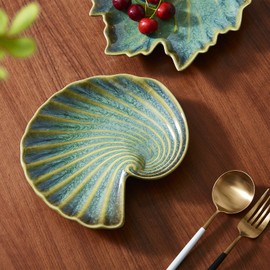 VOMANA Ceramic Decorative Dish, Small Green Trinket Tray, Jewelry Plate Display Holder, Shell-Shaped Key Bowl for Jewelry Organizer Rings Holder Vanity Candy Decor Gift (8'' Shell)