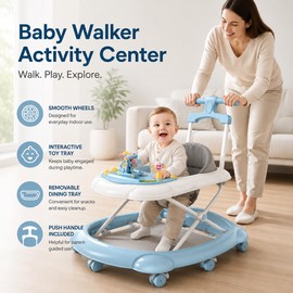 Baby Walker with Wheels and Parent Push Handle, Music and Lights, Removable Feeding Tray, Foldable 3-Height Design, 6–18 Months