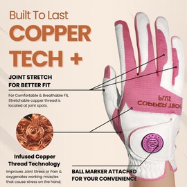 Copper Tech Women's Golf Gloves with Ball Marker - Ladies Golf Gloves with 100% AAA Synthetic Leather - Wrist Support & Breathability - Golf Gloves Left Handed Golfer (Hand Orientation: Right)