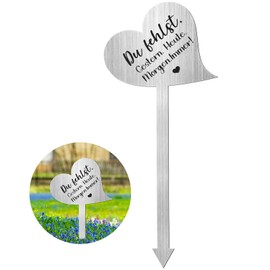Heart Grave Stake Stainless Steel Grave Ornament with Saying "Du Fehlst. Gestern. Heute. Morgen. Immer!" Grave Decoration Weatherproof Frost-Resistant Grave Decoration for Memorial Keepsake Decorative