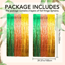 Hawaiian Luau Party Foil Fringe Curtains, Hawaiian Luau Party Decorations 2 Packs of 3.3x6.6 Ft Green Rose Gold and Yellow Tinsel Photo Booth Prop