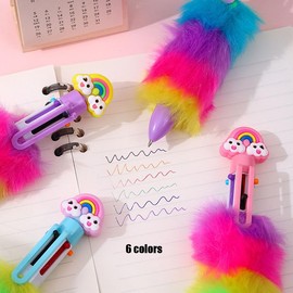 YHSMFCL Multicolor Ballpoint Pen 0.7 mm Cute kawaii Fluffy Rainbow 6-in-1 Colored Pens 6 Pcs Novelty Aesthetic 6 Colors Stationery Supplies Office Party Gifts