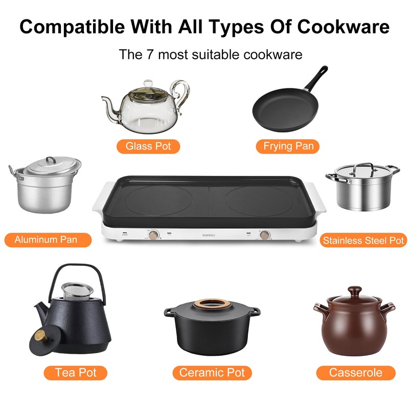 AEWHALE Countertop Double Burners with Removable Griddle Pan Non-stick,1800W Electric