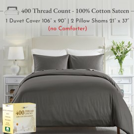 California Design Den California Design Den 3-Pc King Size Duvet Cover Set, 400 Thread Count 100% Cotton Sateen, Soft Luxury Sateen Weave Comforter Cover and Two Pillow Shams, Button Closure & Corner Ties (Grey, King)