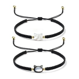 POYAMUSE Cat Bracelets for Women - Lucky Cat Beaded Bracelet Set, Adjustable Kitty Stretch Braided Bracelets for Women (Braided2)