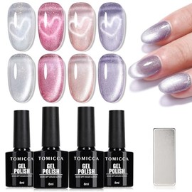TOMICCA Cat Eyes UV Nagellack Set, 4 Farben Glitzer Rosa Gel Nagellack, UV LED Gel Nägel Polish Set für Anfänger Nagelstudio DIY Home, 8ML