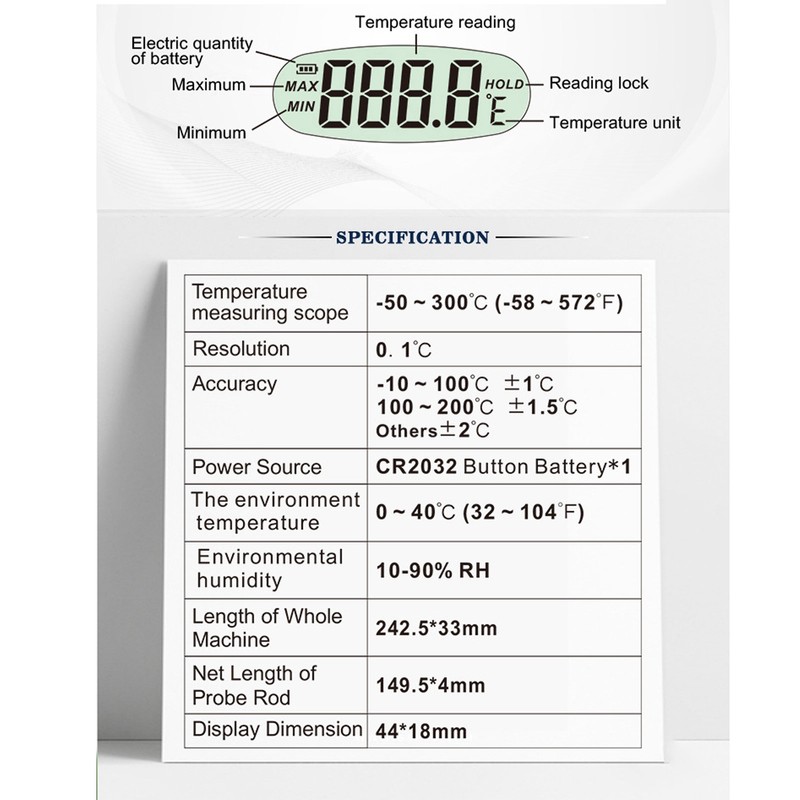 Food Thermometer Digital LCD Display Stainless Steel Probe for Home
