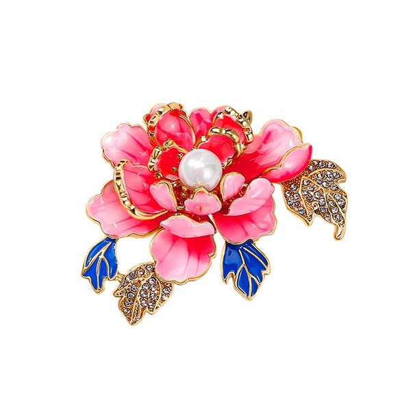 Red Peony Flower Enamel Brooch For Women Pearl Rhinestone Corsage