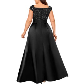 MISSMAY Women's Plus Size Sequin Lace Off Shoulder Satin Slit Formal Evening Party Maxi Dress Black