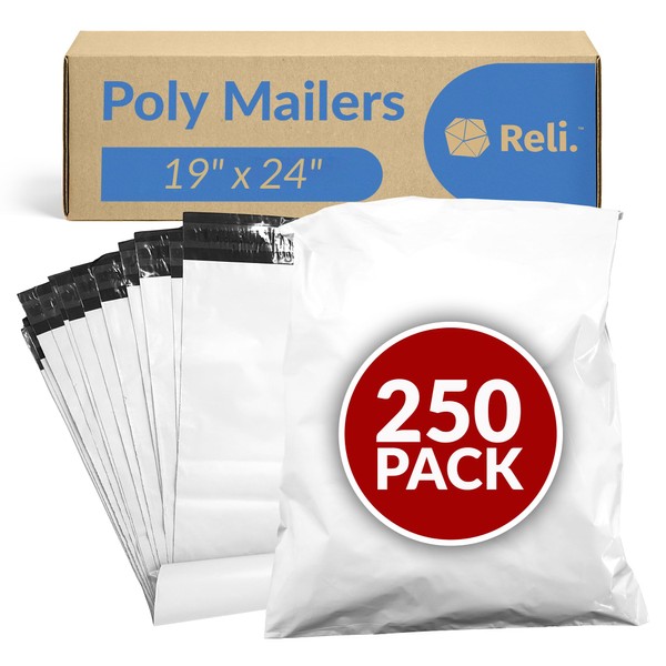 Reli. Poly Mailers 19x24 | 250 Pcs Bulk | Large Poly Mailers/Shipping Bags | Plastic Mailing Bags/Poly Bags for Shipping | Non-Padded Polymailers, Self Sealing Mailing Bags, Bulk (White)