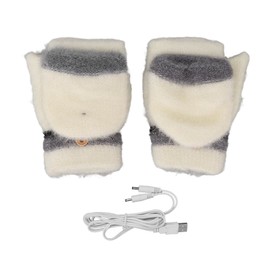 Electric USB Heated Gloves Double Side Heating Keep Warm Fingerless Hands Gloves Mitten with Cover White