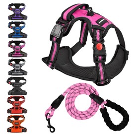 Juqiboom No Pull Dog Harness, Adjustable Soft Padded Dog Vest, Reflective No-Choke Pet Oxford Vest with Easy Control Handle and Dog Leash for Dogs (Pink, Medium)