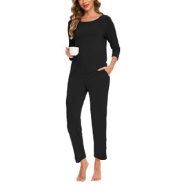 GYS Bamboo Viscose Women's Pajama Sets Comfy 3/4 Sleeve Lounge Set with Pockets, Black, Small