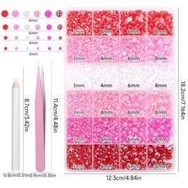 Pink Red Flatback Pearls for Crafting, 3/4/6/8mm Flatback Nail Pearls for Nails Art, Half Round ABS Hot Pink Color Red Pearl Beads Gems for Nails Art DIY Crafting Face Hair Manicure DIY