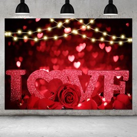 HQM Rose Bokeh Glitter Red Love Heart Theme Photo Backgrounds 9X6 ft Fabric Wedding Bride Shower Mother's Day Valentine's Day Anniversary Party Photography Backdrops Couple Studio Shoot Booth Props