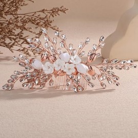 Lenjicons Vintage Flower Leaf Rhinestone Hair Comb Teardrop Rhinestone Hairpiece Silver Gold Wedding Hair Comb Handmade Rhinestones Headpiece for Wedding Women (rose gold)