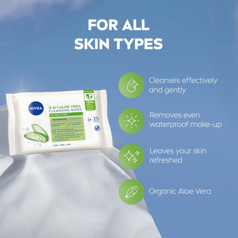NIVEA Aloe Vera Cleansing Wipes (25 Sheets), Plant-Based Makeup Remover