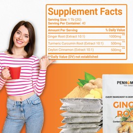 PENHOMENT 3in1 Ginger Tea Bags - Ginger with Cinnamon, Turmeric - 40 Tea bags, 2gr/bag - Non-GMO/Caffeine free
