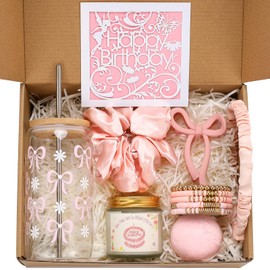 Birthday Gifts for Women, Teen Girl, Girl, Her, Sister, Daughter, Friends - Charming Birthday Happy 8-in-1 Gift Box Set with Delicate Pink Bow Printed Glass Cup & 7 Other Adorable Items (16oz)