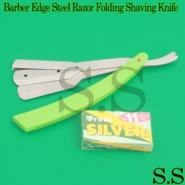 S.S Green Straight Barber Edge Steel Razor Folding Shaving Knife 11 Blades Razors