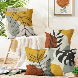 Hnmdmyi Boho Cushion Covers 40 x 40 cm Set of 4, Abstract Leaves Nature Plants Decorative Throw Pillow Covers Mid Century Modern Minimalist Aesthetic Art Linen Pillowcases for Sofa Couch Home Decor