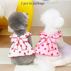 Anelekor 2 Pack Strawberry Dog Dresses with D-Ring Summer Puppy Clothes for Small Dog Girl Spring Cat Outfit Cotton Sleeveless Pet Dress for Kitten Chihuahua Pomeranian Yorkie (Pink White, Medium)