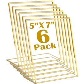 Pack of 6 Acrylic Sign Holders, 5 x 7 Inch Acrylic Gold Frames Table Display, Clear Slant Back Sign Holder, L Shape Display Stand, Sign Holders for Wedding, Party, Office, Restaurant, Art Display