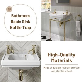 Brass Round Bathroom Basin Sink Bottle Trap Waste Pipe 1-1/4 inch Slip Inlet Drain Tube Kit, Lavatory Adjustable Basin Sink Waste Drain P-Trap Kit, Brushed Gold