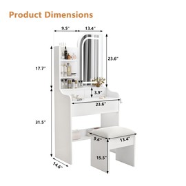 Betoko Makeup Vanity Desk with Mirror and Lights,Small Vanity Table Modern Dressing Table Set with Upholstered Stool & Drawers & Shelves for Bedroom Small Spaces(White-with Stool)